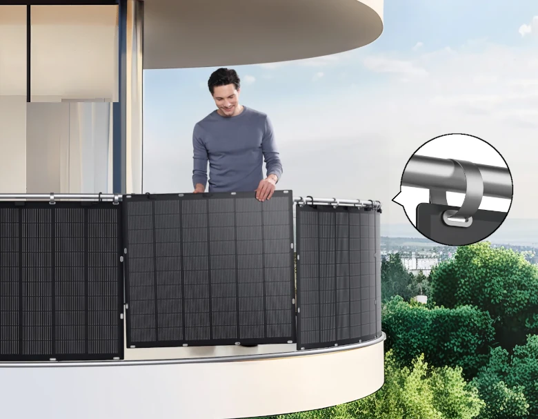 flexibele zonnepanelen die gebogen zijn aangebracht aan een rondlopend balkon