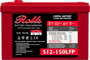 foto van een 12 volt lfp gezien vanaf de voorkant (rolls s12 150lfp)