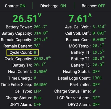 schermafdruk van de app van een bms waarop te zien is dat de accu acht cycli heeft gehad