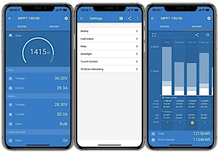 foto van een paar schermafdrukken van de app die bij de mppt behoort, victronconnect