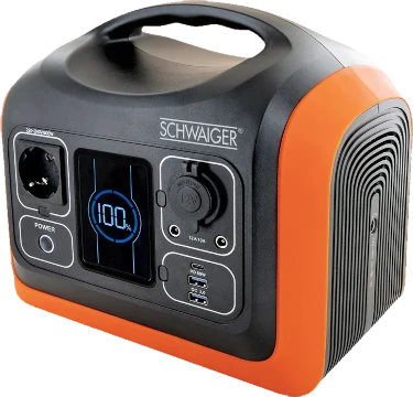 powerstation van schwaiger, met voorop een 230 Volt stopcontact en een hendel bovenop om hem te dragen