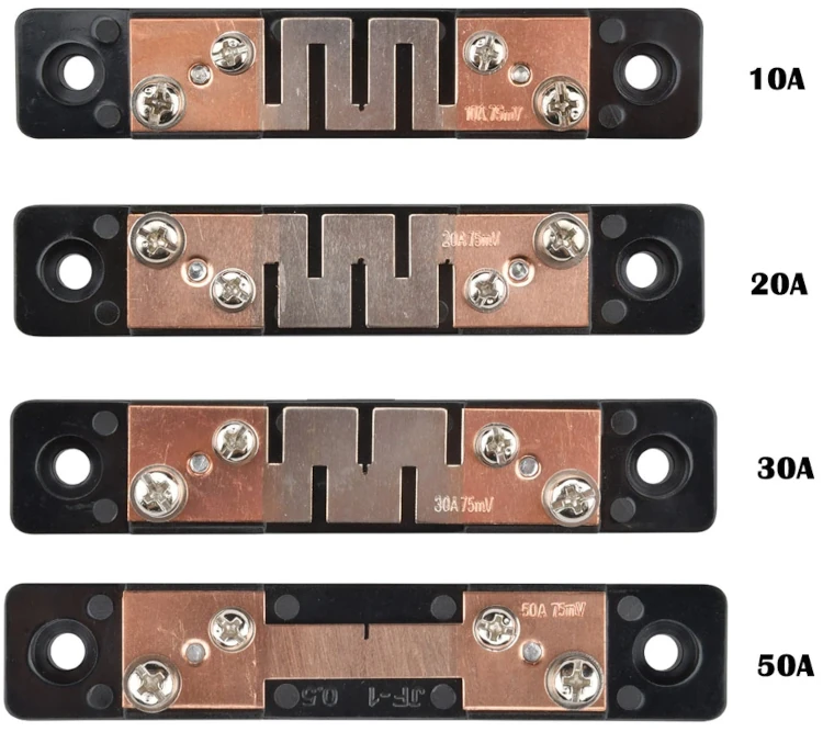 foto van vier shunts op een rijtje geschikt voor stromen tot 