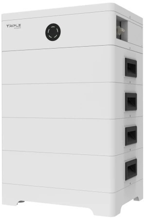 thuisbatterij die er uit ziet als een stapeltje op elkaar gezette bierkratjes. het betreft dan ook 'stapelbare' accumodules met bovenop de omvormermodule