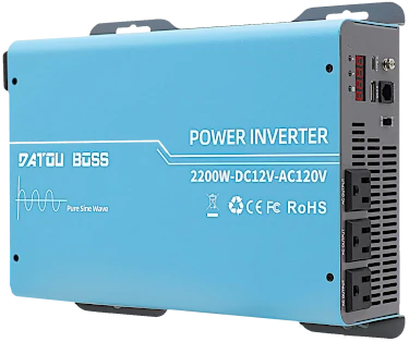 foto van een inverter met daarop te tekst inverter 2200W DC12V AC120V