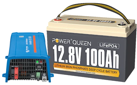 een 230 Volt omvormer en accu naast elkaar als zijnde de basisonderdelen van een noodstroomvoorziening