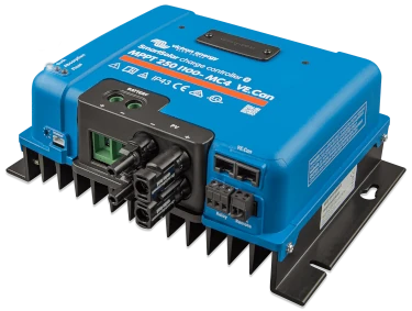 een foto van een laadregelaar met MC4 aansluitingen, model victron smartsolar charge controller 250/100