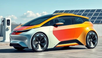foto van een elektrische auto met op de achtergrond zonnepanelen en een laadpaal
