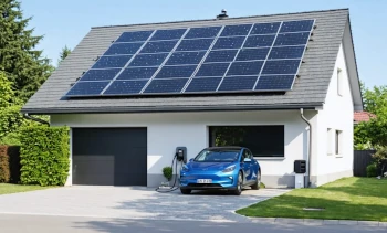 foto van een ev die voor een woning staat met op het dak zonnepanelen en de ev geladen wordt met zonne-energie