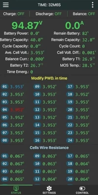 een screenshot van de android app voor de jk-bms