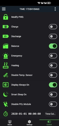een schermafdruk van het control menu van de jk bms app