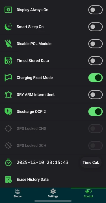schermafdruk van het control menu van de jk bms app