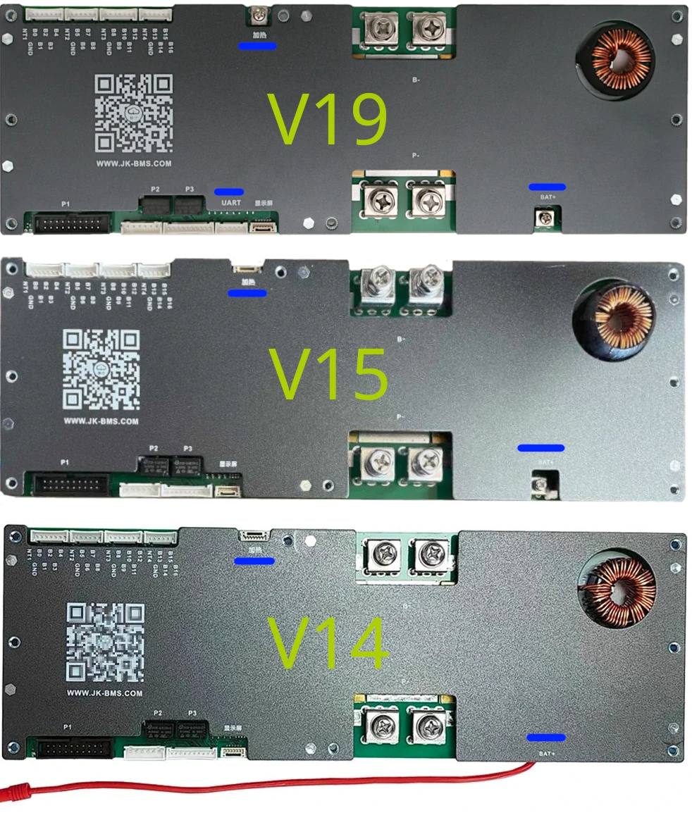 foto van de drie verschillende hardware versies van jk pb-serie bms: v14, v15 en v19