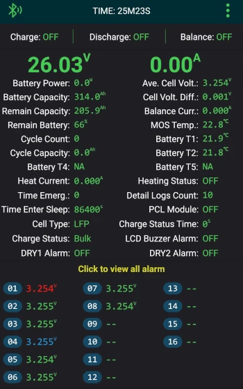 een screenshot van de statusscherm van de jk bms app op een android toestel