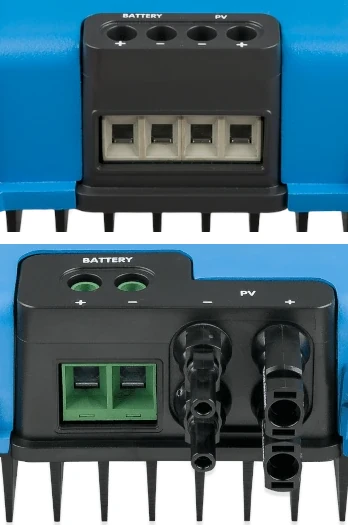 samengestelde foto van een victron mppt laadregelaar met terminal / schroefaansluiting model en een model met mc4 aansluitingen