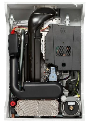 combiketel met (midden-links onderaan) platenwarmtewisselaar (doorstromer)