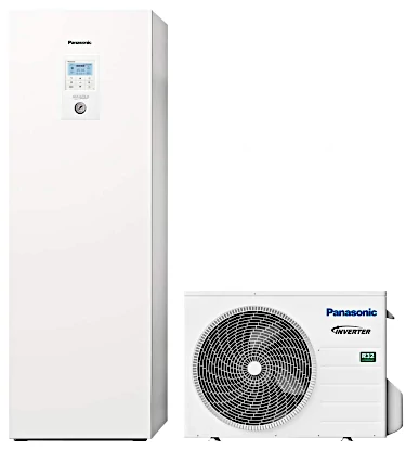 all-in-one warmtepomp met daarnaast, ter illustratie, de buitenunit van de warmtepomp